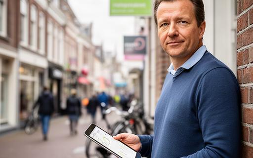 Lokale ondernemer in Utrecht voor zijn zaak met een tablet in de hand